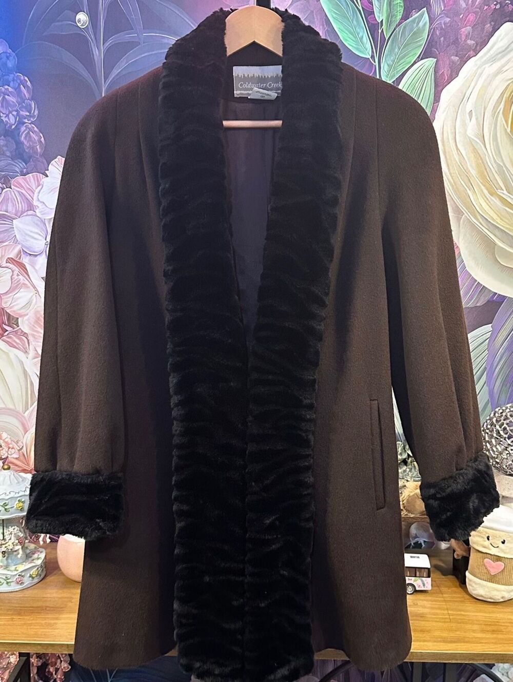 Coldwater Creek 6 Wool Blend Faux Fur Coat Y2K Mob Wife Glam Quiet Luxury Brown